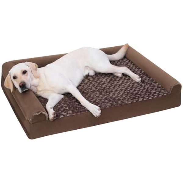 KSIIA Large Dog Bed, Orthopedic Dog Sofa Beds Pet Bed, Dog Couch with Removable Washable Cover, Waterproof Dog Bed, Pet Sofa with U-Shape Bolster, Brown 91x68x16cm
