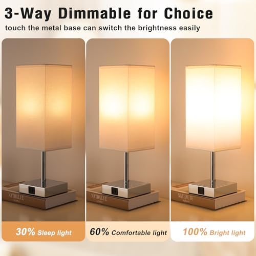 Aooshine Bedside Lamps Set of 2, Touch Lamps Bedside with USB-C+A Charging Ports, Table Lamp with 3-Way Dimmable, Small Table Lamps for Bedroom with White Fabric Shade(Bulbs Included)