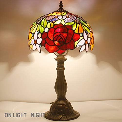 4MYHOME Tiffany Style Table Lamp Stained Glass Bedside Lamp Red Rose Desk Reading Light 10X10X18 Inches Decor Bedroom Living Room Home Office S001 Series