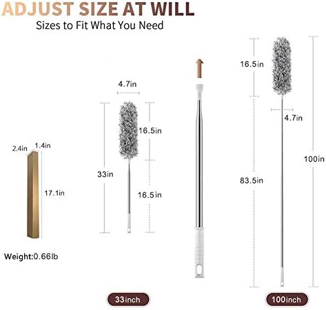 Feather Duster Extendable with Stainless Steel Extension Pole, 100 Inches Extra Long Telescopic Dusters, Microfiber Duster with Bendable Head for Cleaning Interior Roof, Cobweb, Ceiling Fan, Cars