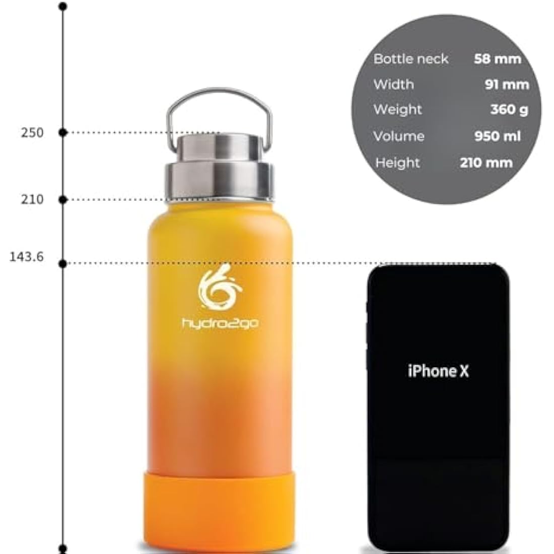 hydro2go Stainless Steel Water Bottle – BPA-Free Bottle for Kids, School, Sports & Outdoor – Keeps Drinks Hot for up to 12H and Cold for up to 24H – Includes 3 Drinking Caps – 950 ml (Sun)