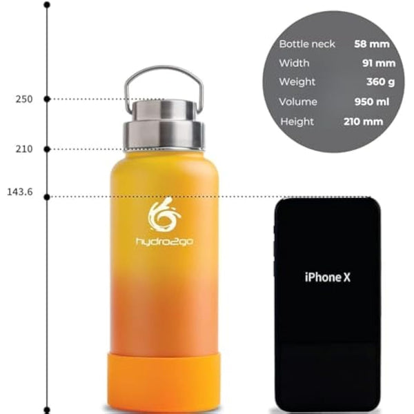 hydro2go Stainless Steel Water Bottle – BPA-Free Bottle for Kids, School, Sports & Outdoor – Keeps Drinks Hot for up to 12H and Cold for up to 24H – Includes 3 Drinking Caps – 950 ml (Sun)