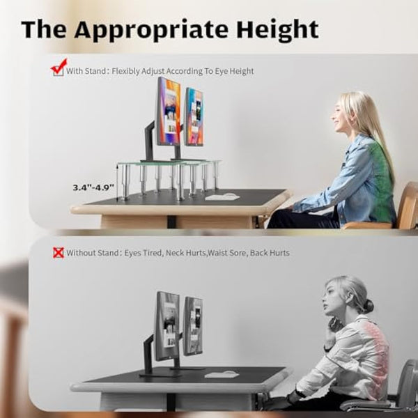 Hemudu Dual Monitor Stand - Adjustable Length and Angle Dual Monitor Riser, Computer Monitor Stand, Desktop Organizer, Monitor Riser for PC, Computer, Laptop (Clear)