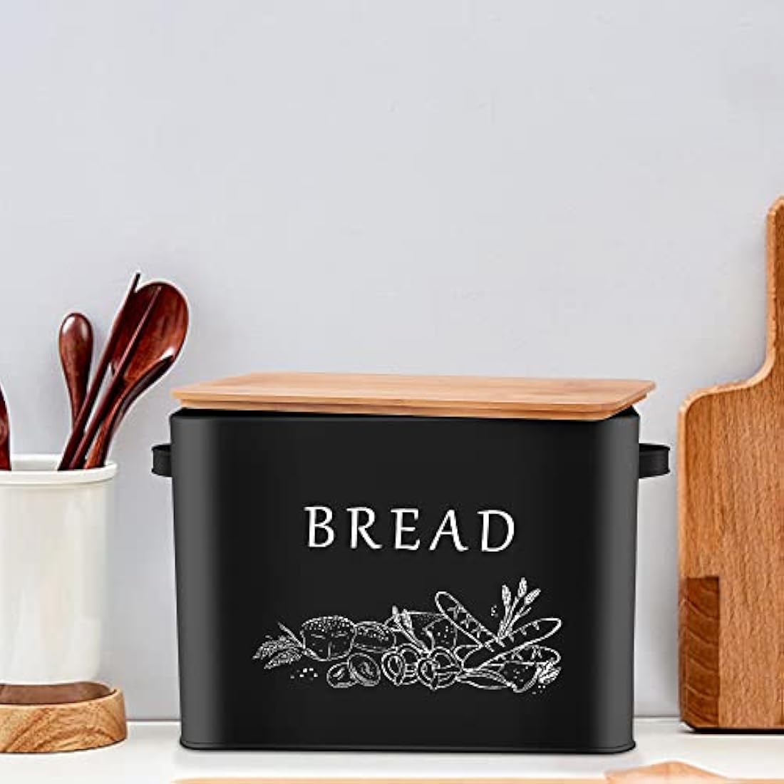 Herogo Bread Bin, Metal Bread Box with Wooden Lid for Cutting Loaf Board, Extra Large Loaf Holder Holds 2 Loaves, Space Saving Storage for Kitchen Countertop, 33x18x24.5cm (Black)
