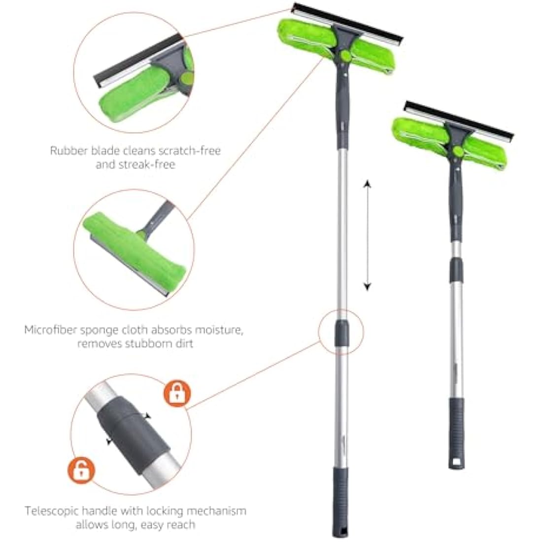 Amazon Basics Extendable Window Squeegee with 180° Rotating Head and telescopic Pole 26''-38''(66cm-96.5cm) , Perfect for Cleaning Windows, Mirrors, Tiles, Green