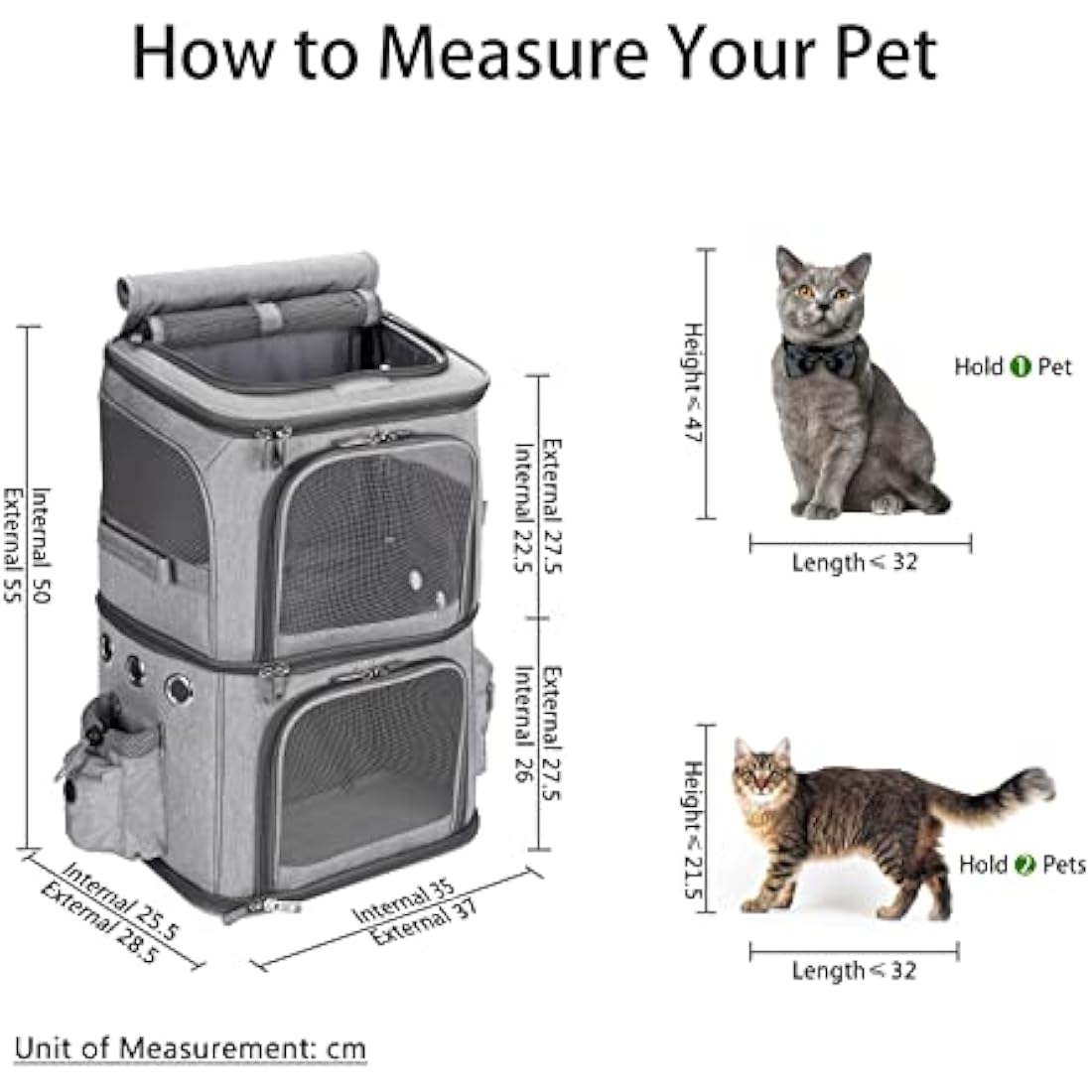 FASNATI Double-Compartment Pet Carrier Backpack, Cat Carrier Backpack for 2 Small Cats, Dogs and Rabbits, Perfect for Traveling/Hiking/Camping, Grey