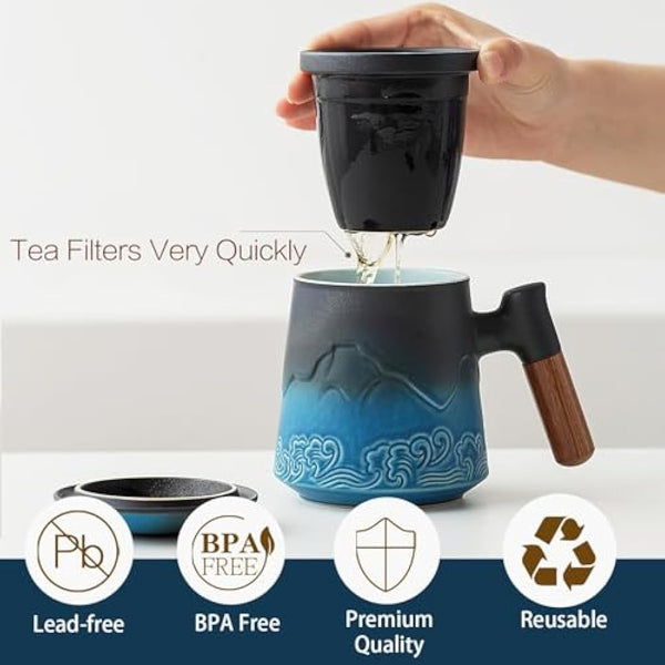 ZENS Tea Mug with Infuser and Lid, 450ML Embossed Ceramic Tea Cup with Strainers for Loose Leaf Tea Diffusers, Wood Handle Tea Infuer Mug for Brewing Tea Accessories for Women Tea Lovers Gifts