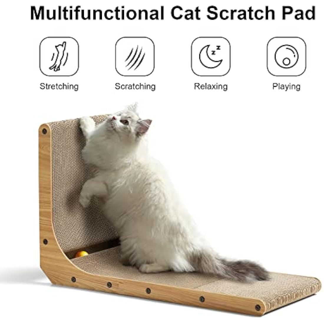 FUKUMARU Cat Scratcher, 68 cm L Shape Cat Scratch Pad Wall Mounted, Cat Scratching Cardboard with Ball Toy for Indoor Cats