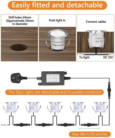HIBOITEC 10Pcs Decking Lights, Lighting LED Deck Lights φ32mm, Warm White Decking Lighting, Waterproof Plinth Deck Light, for Outdoor, Garden, Floor Tile, Staircase, Wall Corner, Bathroom