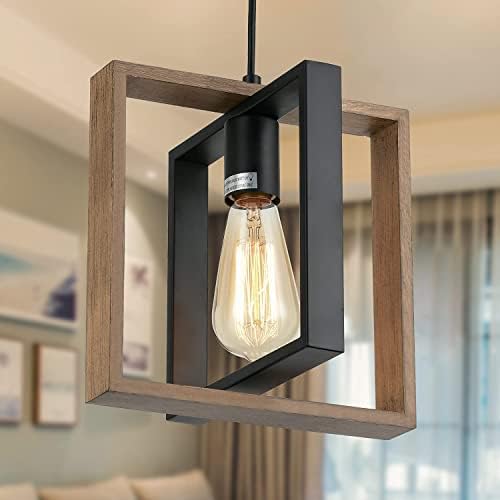 Industrial Small Pendant Lighting, Farmhouse Kitchen Island Hanging Lamp with Cord, Wood+Metal,1 Light E27 Fixture for Dining Room Bedroom Hallway Entryway,24 CM