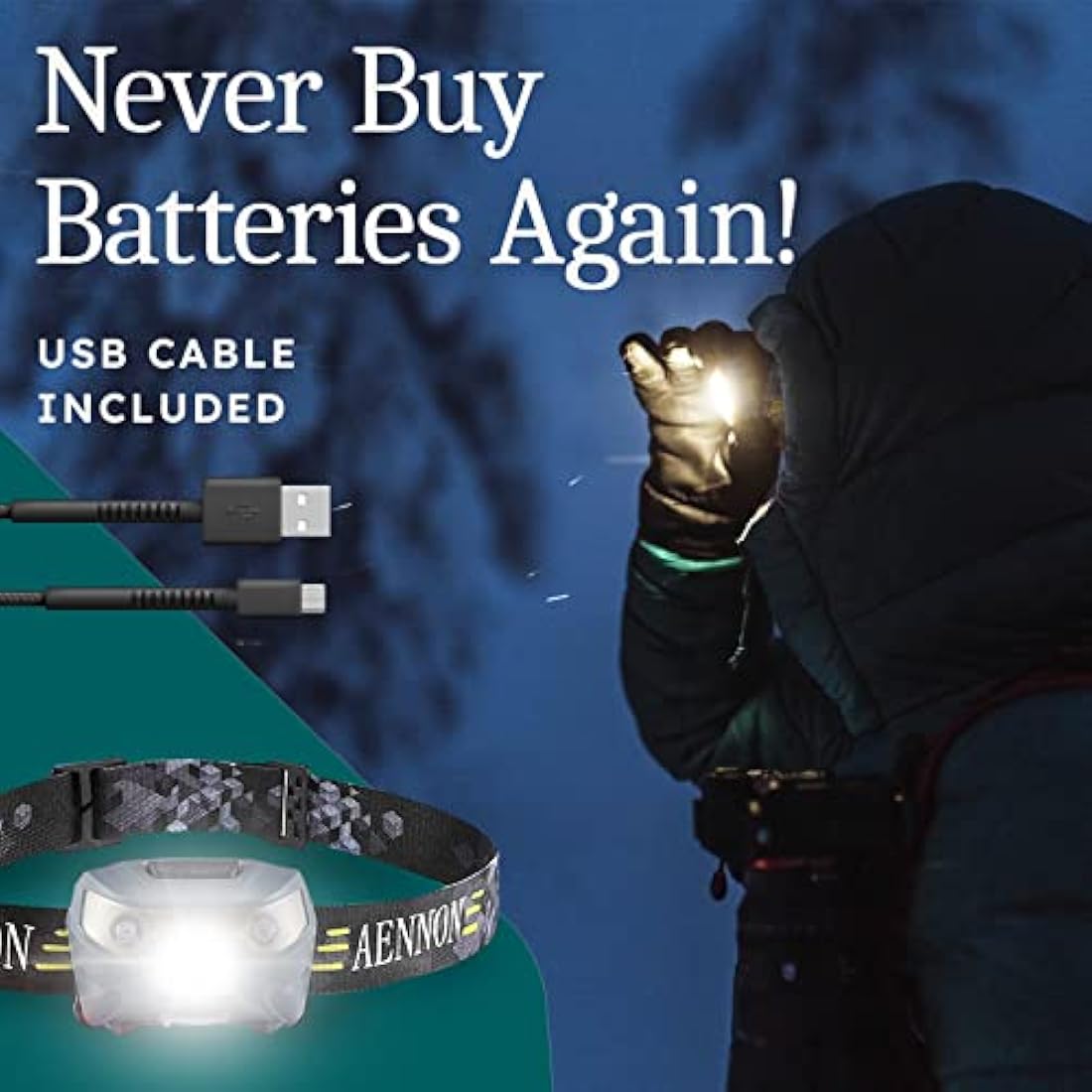 AENNON Rechargeable Head Torch (2 Pack) - 220 Lumens -, 30 Hour Battery - LED Waterproof Headlamp for Camping, Running, Hiking - 150m Vision Head Lights for Head