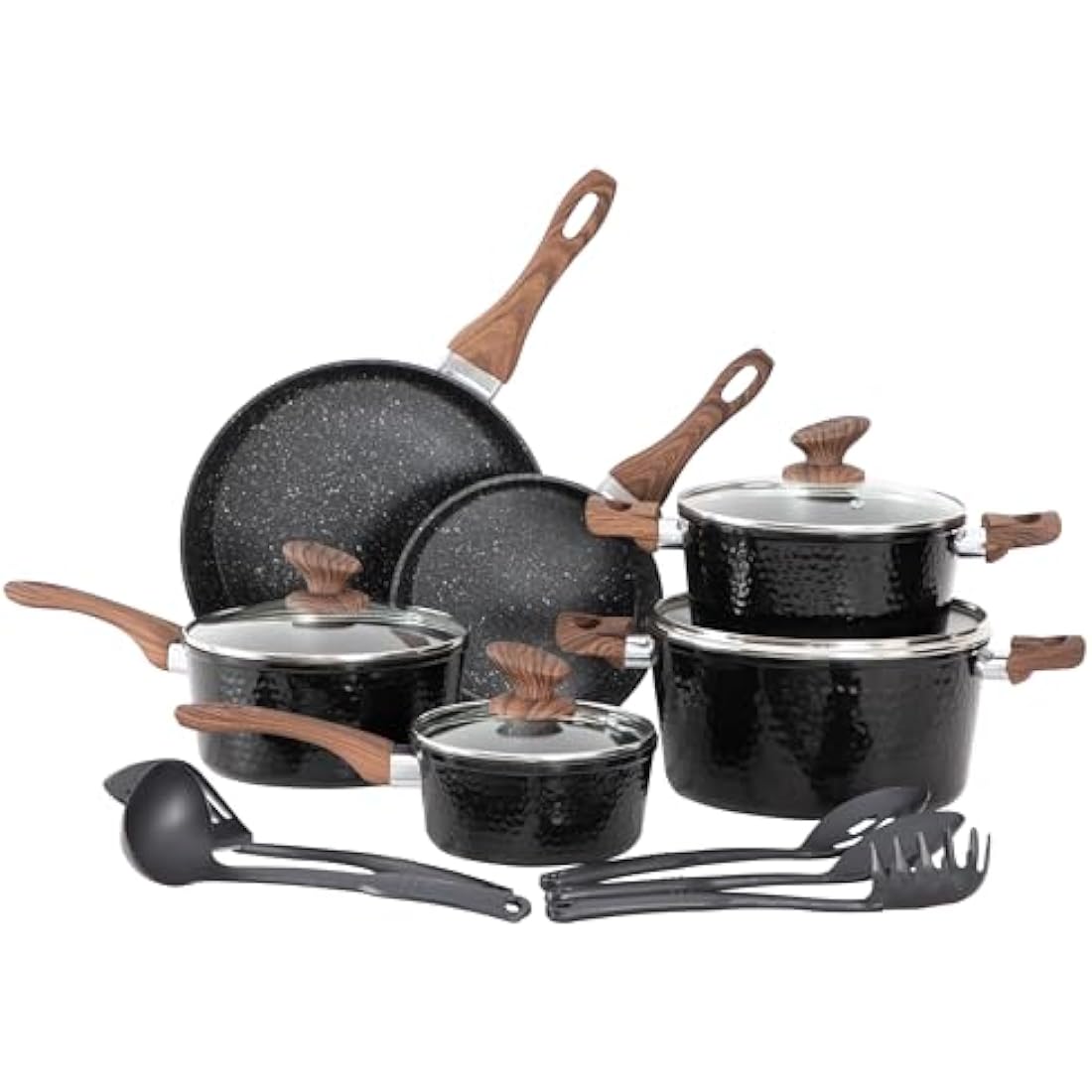 DishDelight 15 Piece Non-Stick Cookware Set, Nonstick Induction Granite-Coated Pots and Pans Set, Nonstick Saucepans Set, Black