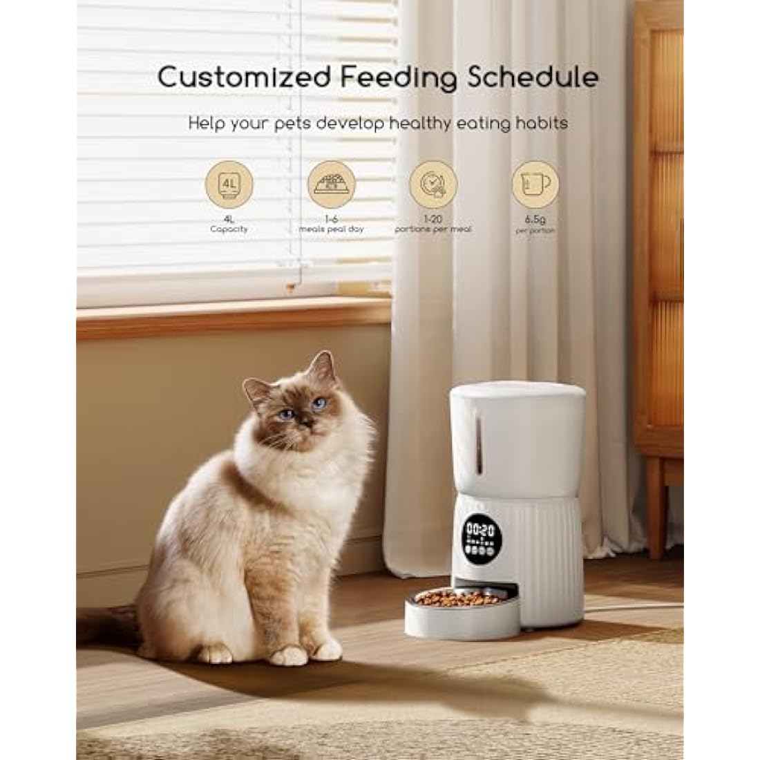 Faroro Automatic Cat Feeder, 4L Cat Feeder with Timer up to 6 Meals Per Day, Portion Control, 30s Voice Recording, Suitable for Small and Medium Pets