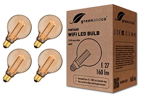greenandco 4X Smart WiFi Vintage Design LED Bulb | E27 G95 | 3.8W 160lm | 1800K | 320 | 230V | Flicker-Free | dimmable | Compatible with Alexa and