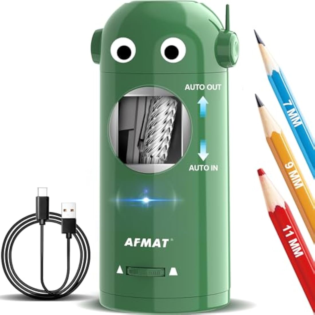 AFMAT Electric Pencil Sharpener for Colored Pencils 7-11.5mm, Auto in&Out, Robot Fully Automatic Rechargeable Pencil Sharpener with Container, for Large Pencils,Home,Classroom, Battery Operated,Green