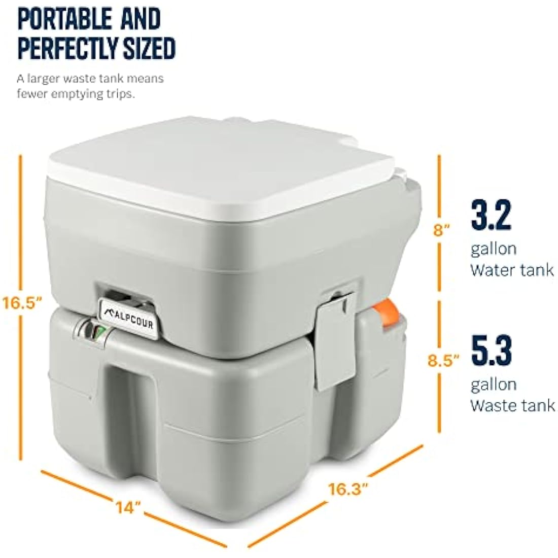 Alpcour Portable Toilet – Compact Indoor & Outdoor Commode w/Travel Bag for Camping, RV, Boat & More – Piston Pump Flush, 5.3 Gallon Waste Tank, Built-In Pour Spout & Washing Sprayer for Easy Cleaning