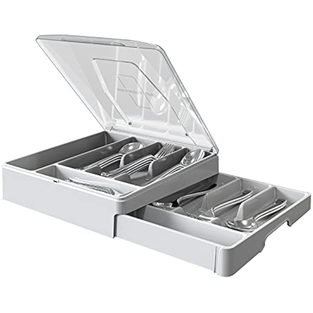 Double Layer Flatware Organizer with Lid, Cutlery Tray for Countertop Silverware Tray for Kitchen Drawers with 2 Tier Utensil Holder and 9 Compartments Silverware Storage Bin (White)