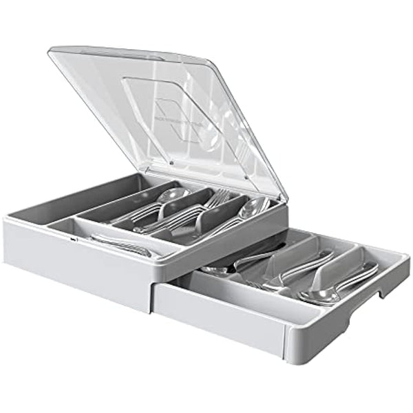 Double Layer Flatware Organizer with Lid, Cutlery Tray for Countertop Silverware Tray for Kitchen Drawers with 2 Tier Utensil Holder and 9 Compartments Silverware Storage Bin (White)