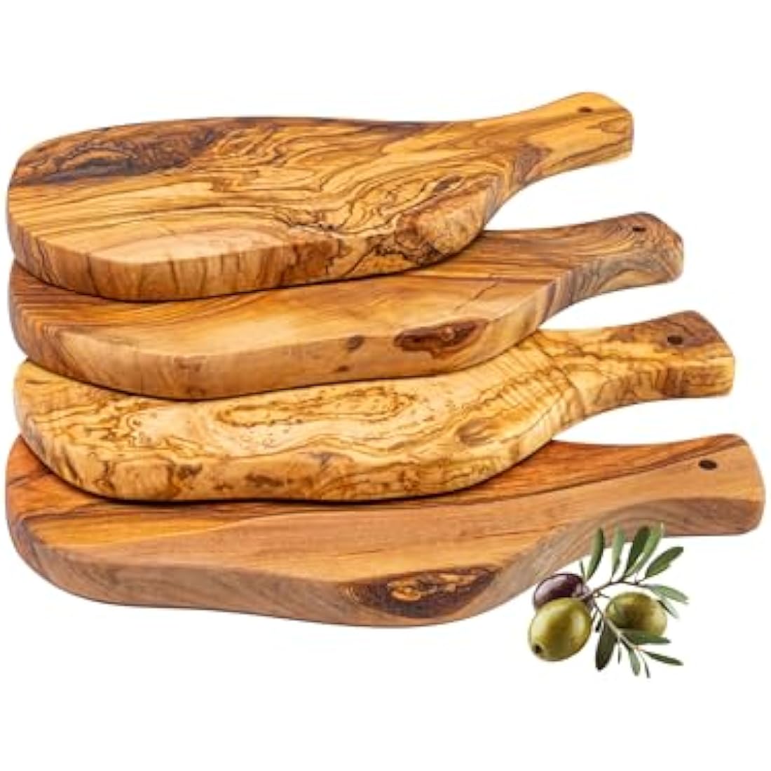 Erreke Wooden Chopping Board Set, Handmade Natural Olive Wood, Small Serving Boards, Ideal for Tapas Appetizers Cheese Ham Bread, Mediterranean Style, 28x13 cm Set of 4