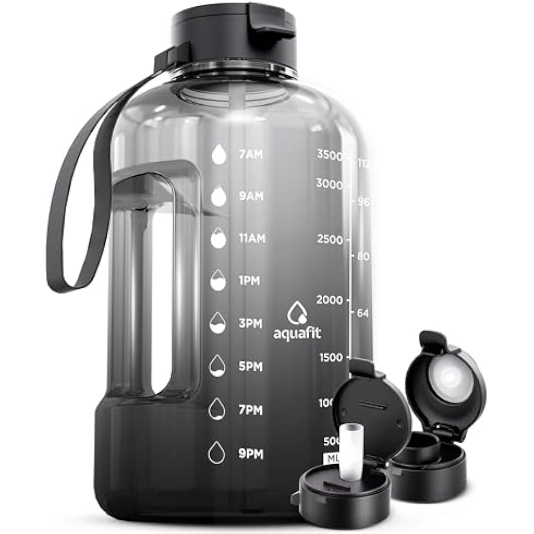 AQUAFIT 4 Litre Water Bottle with Straw - Water Bottle 4L with Time Marker - One Gallon Big Bottle with Straw - Large Bottle For Gym - 2 Lids, Grey Fade