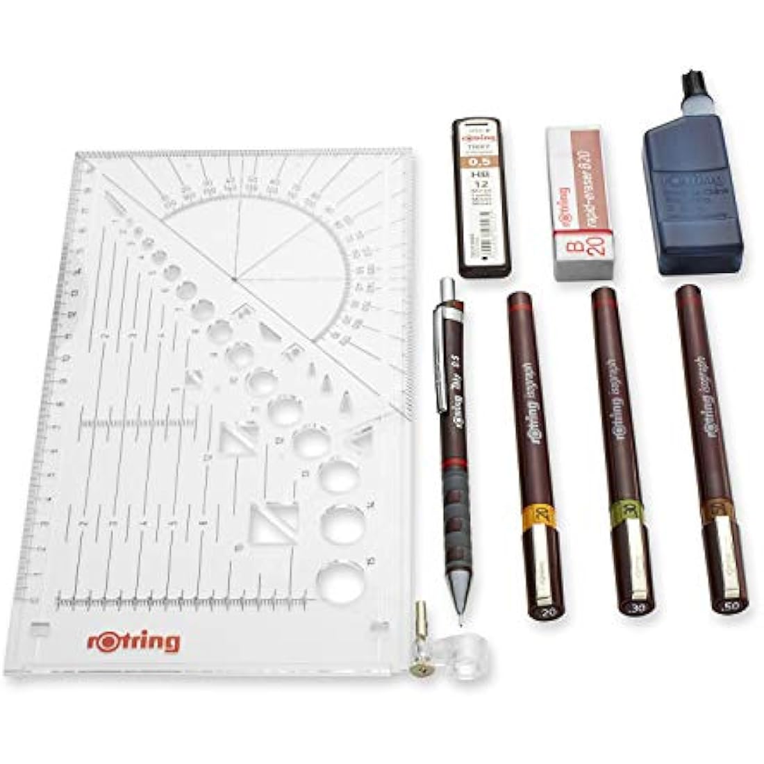 rOtring Isograph Pen Set Technical Pen & Pencil College Set | 3 Pens (0.20mm, 0.30mm, 0.50mm) and Mechanical Pencil (0.5mm) + Accessories