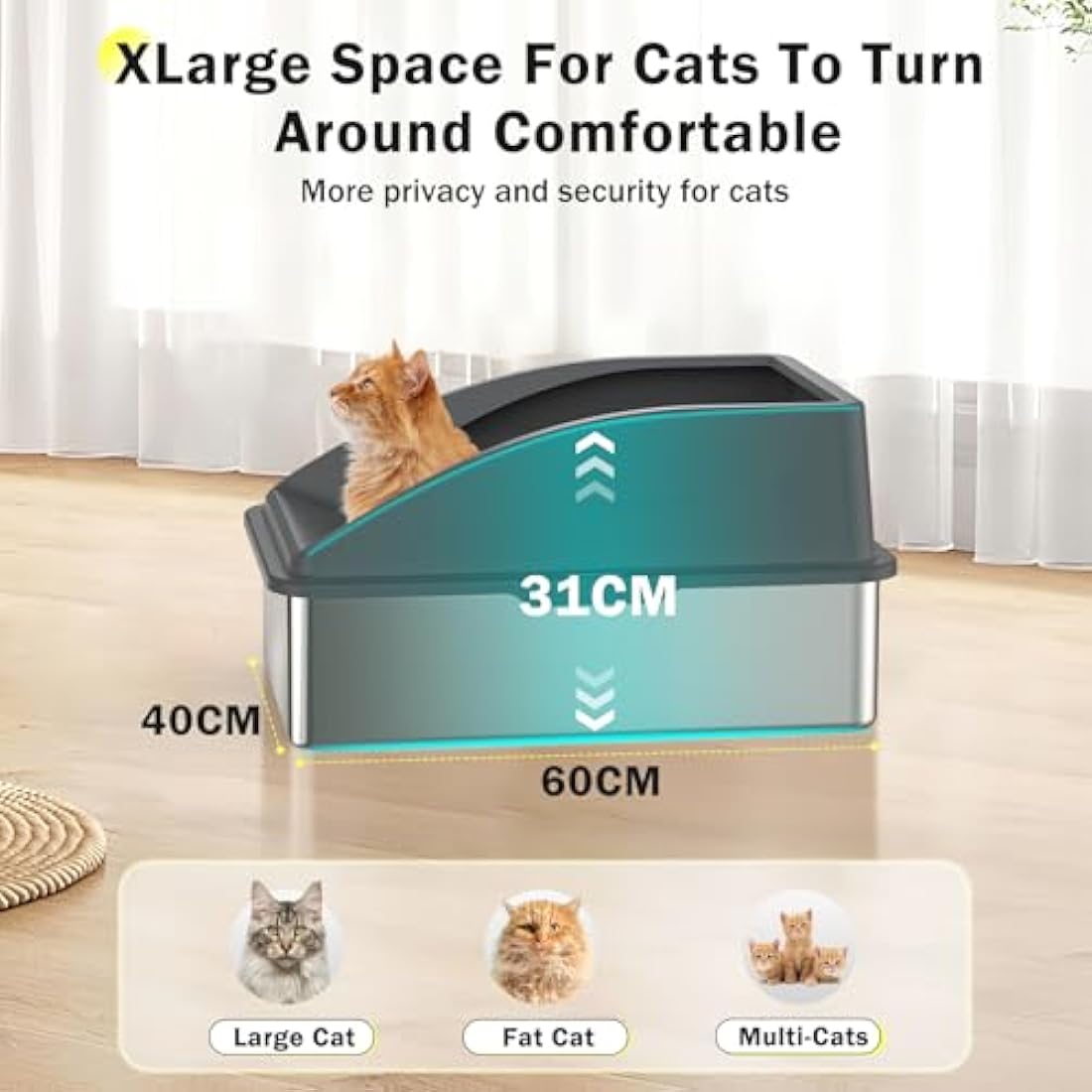 FURTIME Stainless Steel Cat Litter Tray Grey with Detachable Enclosure, 31cm High Sided Cat Litter Box Anti-Spillage and 60cm Extra Large Litter Tray with Lid for All Cats, with Litter Scoop & Mat