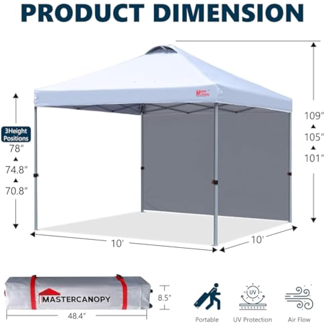 MASTERCANOPY Durable Ez Pop-up Gazebo Tent with 1 Sidewall (3x3M,White)