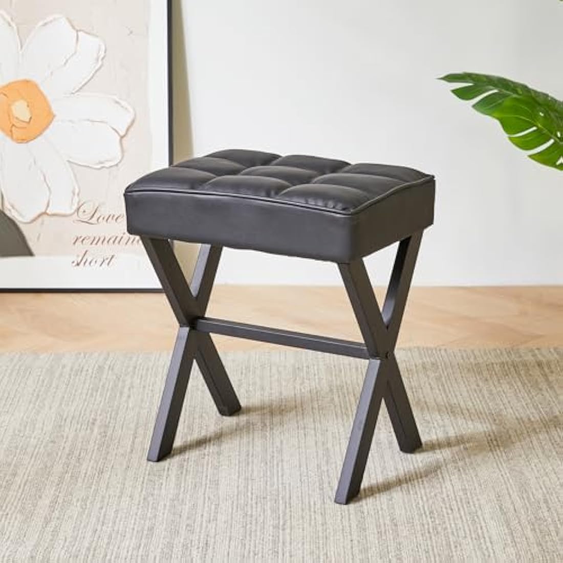 IBUYKE Square Makeup Stool with X-Leg Foot Rest, PU Footrest Stool, Ottoman Seat Vanity Stool, Multi-Use as Small Side Table, for Bedroom, Living Room, Black L/G-71B