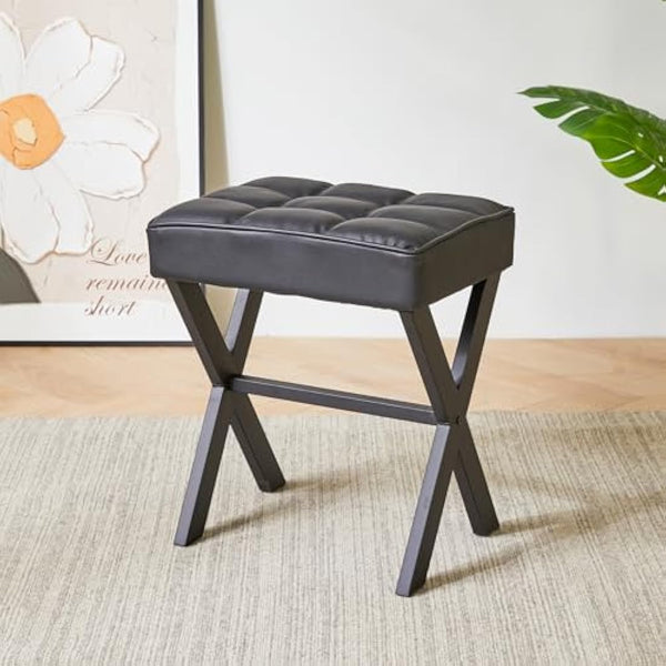 IBUYKE Square Makeup Stool with X-Leg Foot Rest, PU Footrest Stool, Ottoman Seat Vanity Stool, Multi-Use as Small Side Table, for Bedroom, Living Room, Black L/G-71B