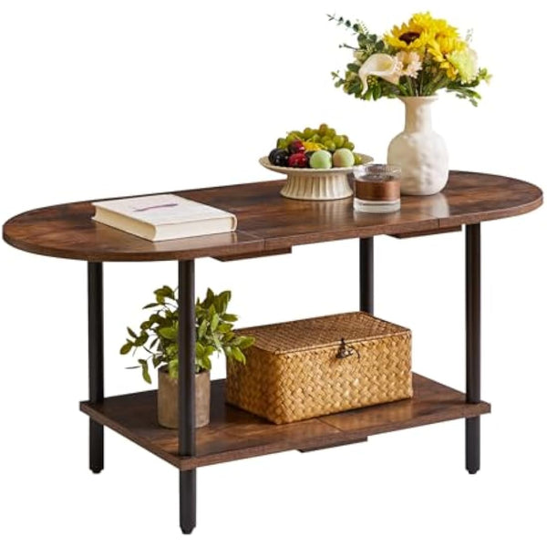 Aibiju Small Coffee Table, Living Room Table, Wooden Coffee Table with 2 Tier Storage Shelves for Living Room/Office, 35x16x17inch Rustic Brown+Black Legs, YD-011H