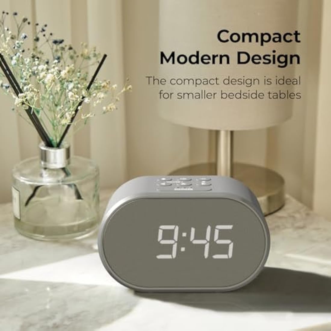 i-box Alarm Clocks Bedside, Radio Alarm Clock, Mains Powered or Battery, FM Radio, USB Charging Port, 5 Step Dimmable Display, Non Ticking, LED Display (Grey)