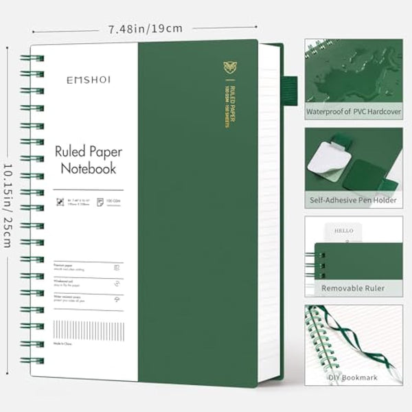 EMSHOI B5 Notebook College Ruled, Spiral Notepad 150 Sheets/300 Pages, 100gsm, PVC Cover, Sticky Notes, Pocket, Pen Loop, Ruler, Bookmark, Lined Journal for Women Men Writing, 19 x 25cm, Dark Green