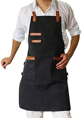 SPDYCESS Apron Washed Canvas Adjustable Waterproof Bib with 2 Pockets Unisex Women Men Cooking Chefs Work Aprons for Home Kitchen Restaurant Coffee House Bistro BBQ Black