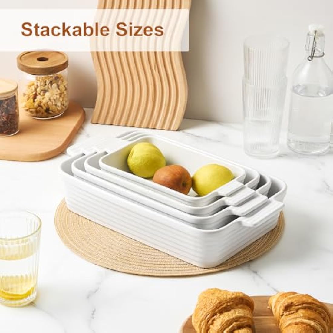 Jassceram Ceramic Casserole Dish Set of 4 Deep Rectangular Lasagna Pan Baking Dishes with Handles Large Porcelain Oven Safe Bakeware for Cooking Brownie Banquet Mac&Cheese(9.6"/11.5"/13.1"/15.2")