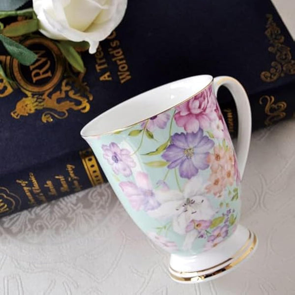 4 Piece Porcelain Mug Set - Bone China Floral Coffee Tea Water Cup - Tea Coffee Cappuccino Home Kitchen Office Gift Mug Set - 11 oz/312 ml