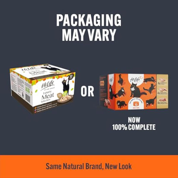 HiLife Adult Wet Cat Food Tins, Mixed Chicken Recipes in Sauce, Complete Tinned Cat Food, 100% Natural & Grain Free, Chicken Breast / with Beef / with Duck, 4x (12 x 70g) / 48 cans