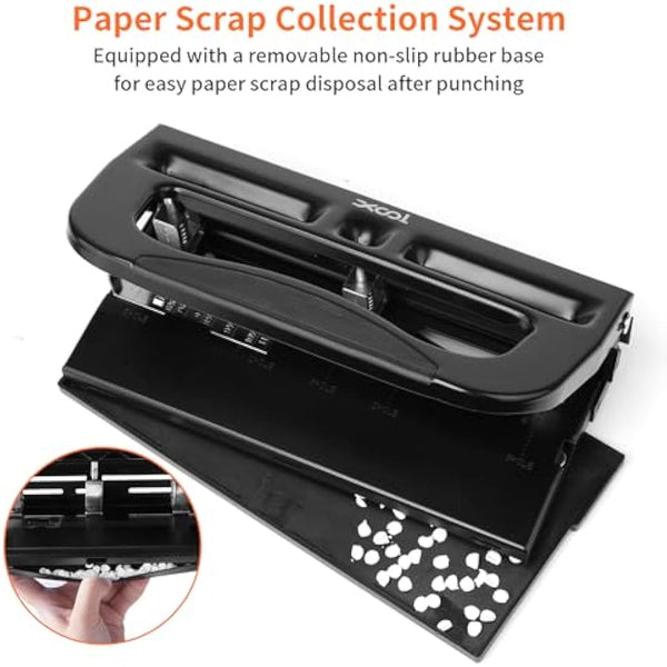 XOOL 3 Hole Punch, Heavy Duty Metal Hole Puncher for 2 or 3 Holes, 9/32" 7mm Hole Diameter, 40-Sheet Capacity, Adjustable Hole Spacing, Non-Slip Base for Office & School
