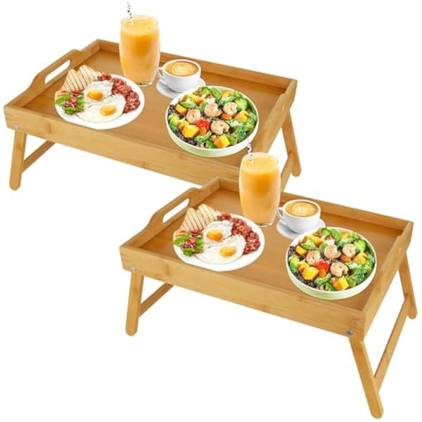 SHUESS 2 Pack Bamboo Bed Tray - 41.5 x 30 x 20.5 cm Breakfast Tray with Folding Legs - Trays for Eating on Lap, Ideal for Bed, Sofa, Eating, Platters, Working, Serving, and Drawing (Natural)