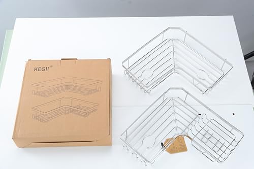 Kegii Telescopic Shower Caddy Corner - Stainless Steel Shower Shelf No Drilling Bathroom Caddy with Soap Holder and Hooks(White), On The Bath or Stand Up Shower