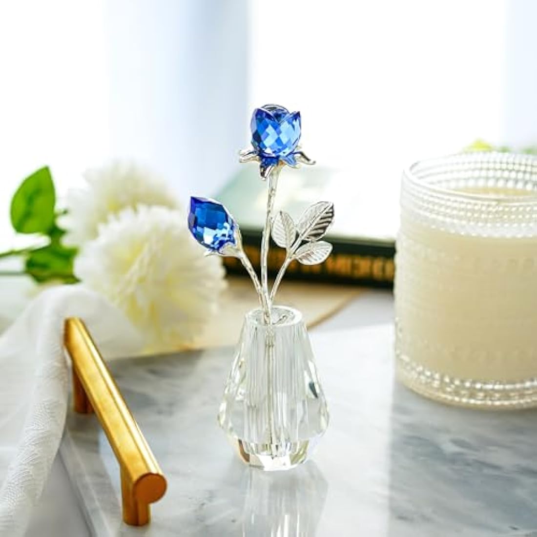 H&D HYALINE & DORA Two Crystal Blue Roses,Crystal Rose Figurine with Silver Pole,Forever Crystal Rose Paperweight Romantic Gift for Her/Wife/Mom/Women