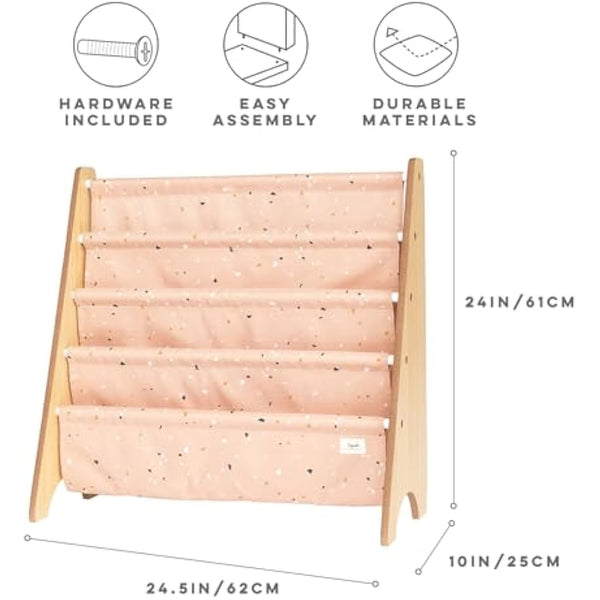 3 Sprouts Recycled Fabric Kids Bookshelf – 4-Tier Sling Book Rack Storage - Kids Room Book Shelves, Nursery, Playroom, Classroom - Bookcase Display Shelf for Toddler, Children Age 3+ - Terrazzo Clay