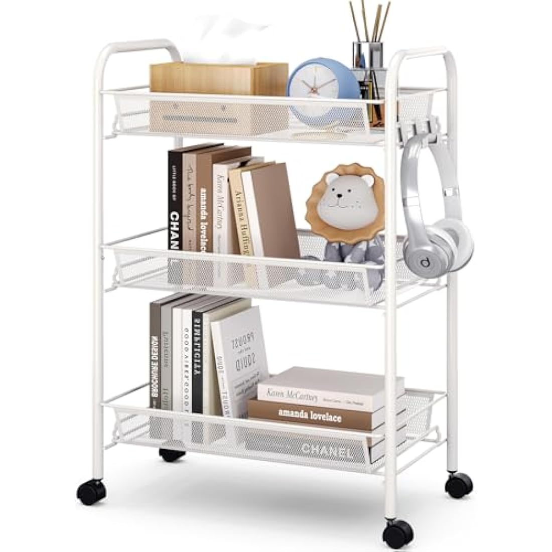 APEXCHASER 3-Tier Rolling Cart,Easy Assemble Mobile Storage Trolley On Wheels,Slide Out Utility Cart Shelving Units Kitchen Bathroom Laundry Room,White
