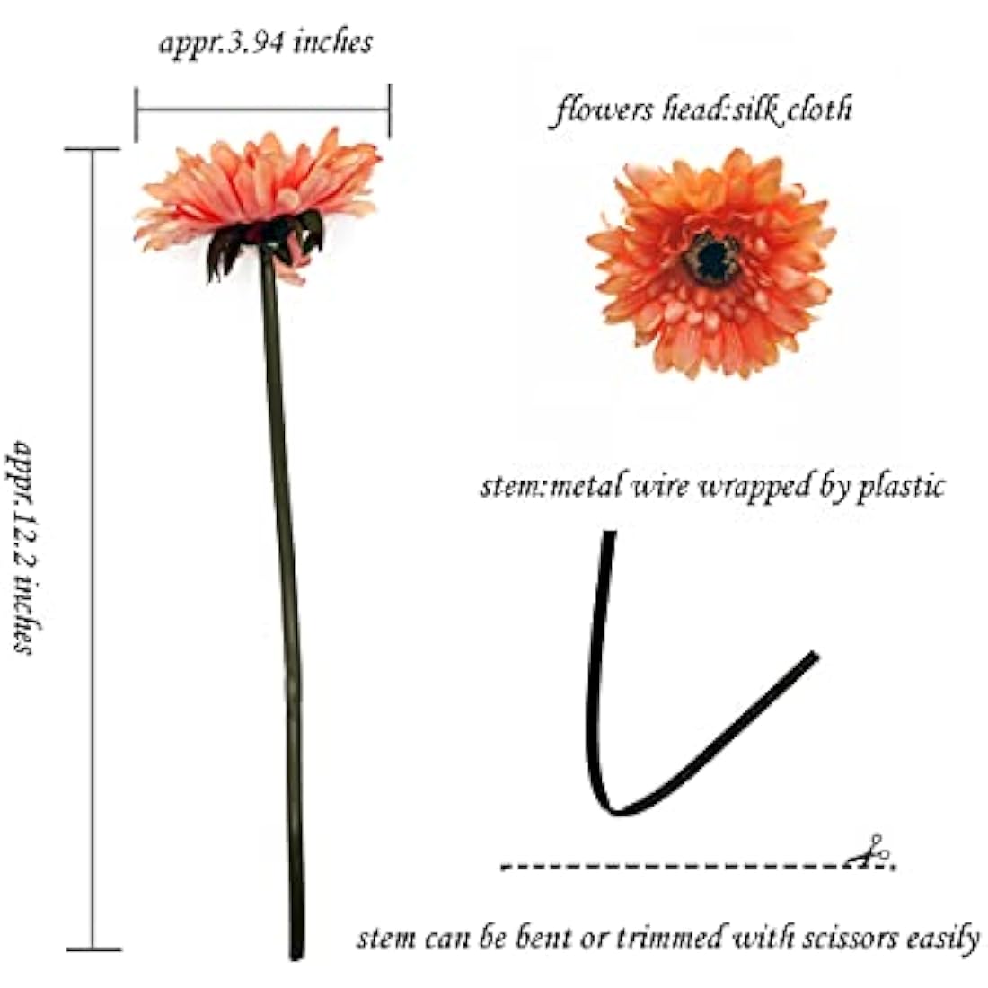 HASWITDA 12PCS Artificial Gerbera Flower Single Stem Bloom Bouquet Plastic Silk Fake Decorative Flora Outdoor Indoor Home Garden Office Hotel Wedding Party Orange