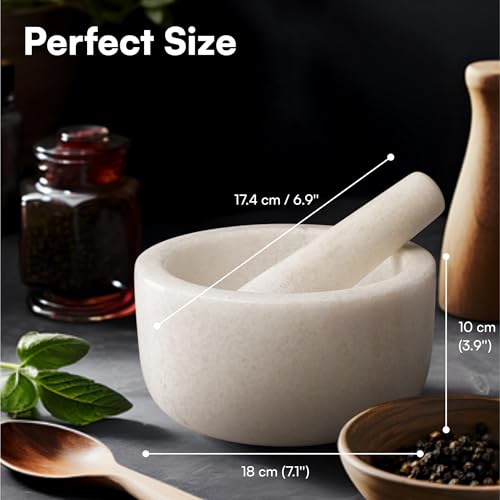 H&S Alliance Mortar and Pestle Set - Premium Stone Pestle and Mortar Grinder - Spice Herb Small Grinder for Kitchen - Pesto Guacamole Maker - 18cm (7.1") Diameter - White Marble