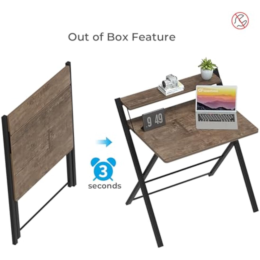 GreenForest Foldable Desk No Assembly Required,Small Desk with Monitor Shelf,Computer Desk for Small Space,Brown