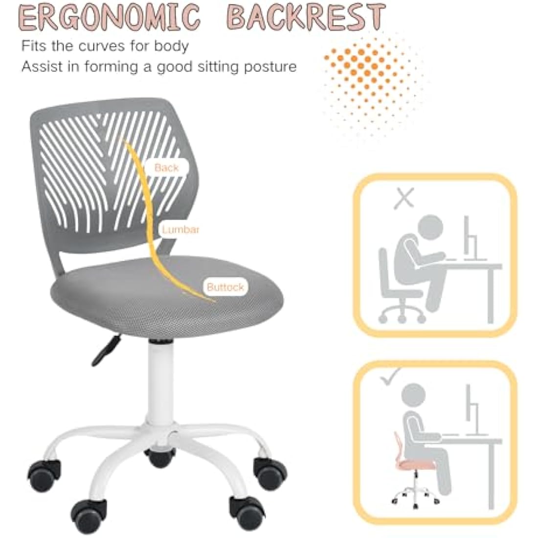 Homy Casa Desk Chair Adjustable Swivel Office Chair Fabric Seat Ergonomic Task Chair without Armrest, Gray