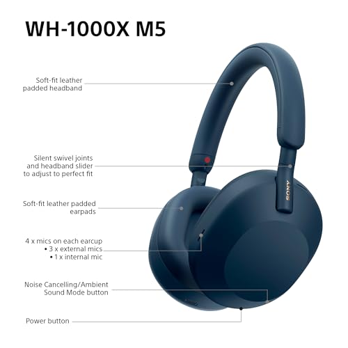Sony WH-1000XM5 Hard Case Premium Noise Cancelling Wireless Over-Ear Headphones, Bluetooth, Clear Call Quality, Hi-Res Audio, Up to 30hr Battery Life, Includes Hard Case, iOS & Android - Black