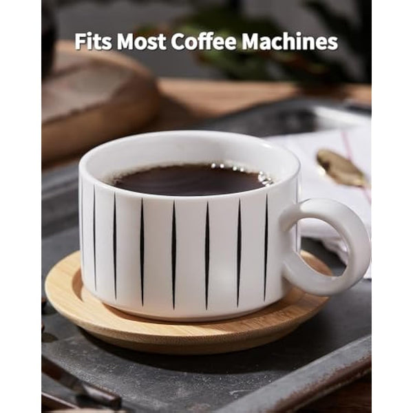 HOME DECOR Stackable Ceramic Coffee Cup, 160ml Cappuccino Mugs and Saucer with Metal Stand for Espressos, Cappuccinos and Lattes Cup, Set of 4 - Striped Collection