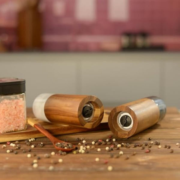 Marshland UK Salt and Pepper Grinder Set - Spice Grinder Made from Acacia Wood and Marble, Set of 2 Salt Grinder and Pepper Mill - Wood Color