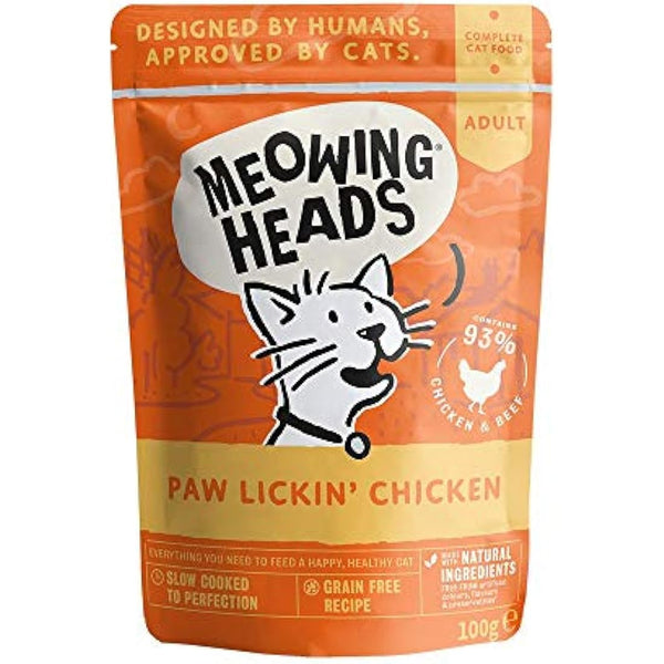 Meowing Heads Wet Cat Food - Paw Lickin' Chicken - 93% Natural Chicken Pouches with No Artificial Flavours, Grain-Free Recipe (10 x 100 g)